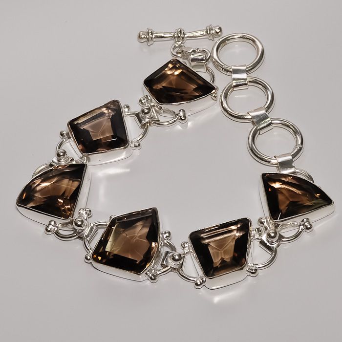 ELEGANT  FACETED SMOKEY TOPAZ & .925 STERLING SILVER BRACELET JEWELRY 