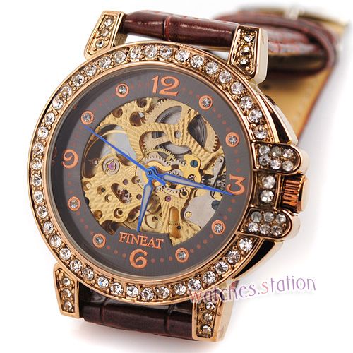 Coffee Steel Case W/ Diamond Womens Mechanical Skeleton Movt Leather 