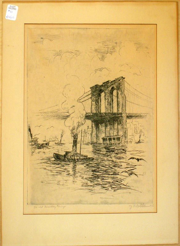 20C American Brooklyn Bridge NYC Signed Etching 1930s  