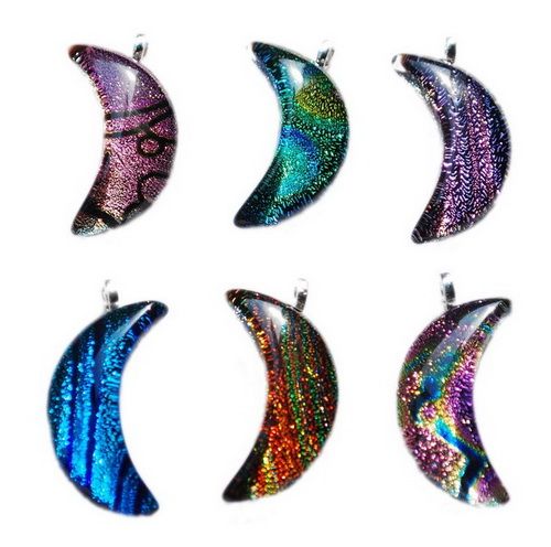 6pcs 32*16mm Crescent Dichroic Foil Murano Glass Metal Clasp Pendants 