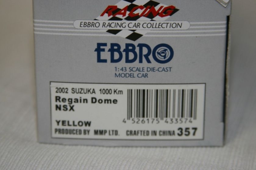 43 EBBRO Regain Dome NSX 2002 Suzuka 1000 km 357 NEW  