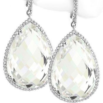 28.45ct WHITE CRYSTAL PEAR SHAPE QUARTZ & DIAMOND DANGLE EARRINGS 14K 