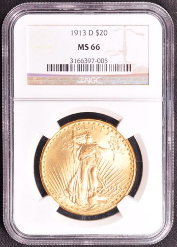 1913 D ST. GAUDENS $20 NGC MS 66  