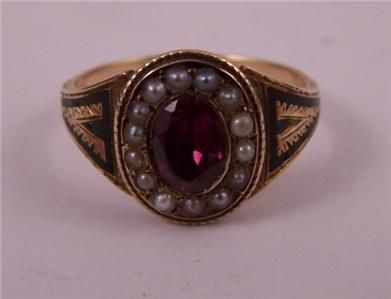   VICTORIAN 15CT 15K GOLD GARNET & PEARL MOURNING RING UK P***  