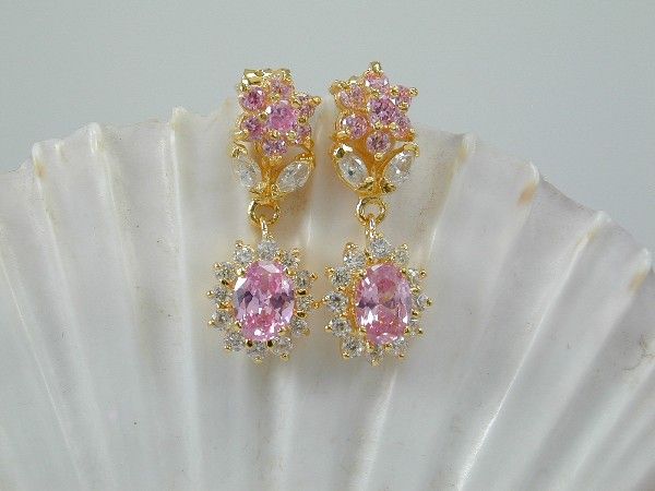   SET Pink Sappire CZ 22K 24K Gold GP Dangle Earrings & Necklace  