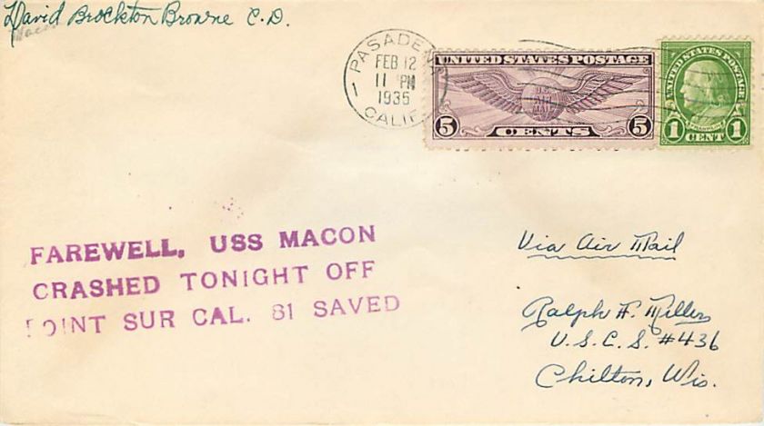 1935 USS Macon Crash Cover   Pasadena   Signed Browne  