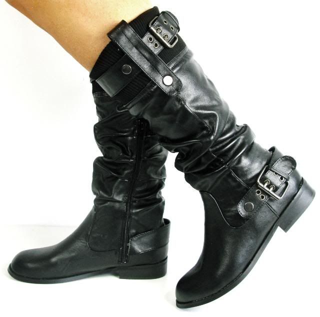 WOMANS WIDE CALF KNEE HIGH FLAT BLACK BIKER BOOTS SIZE  