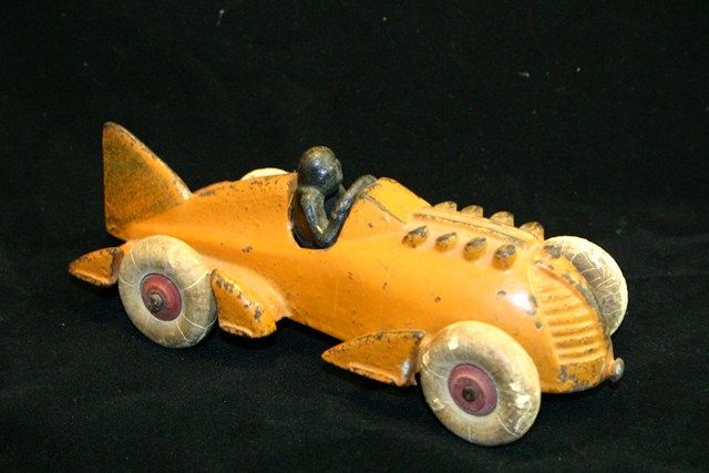   1930s Orange Hubley Cast Iron Fin Tail Racer Rocket Race Car  