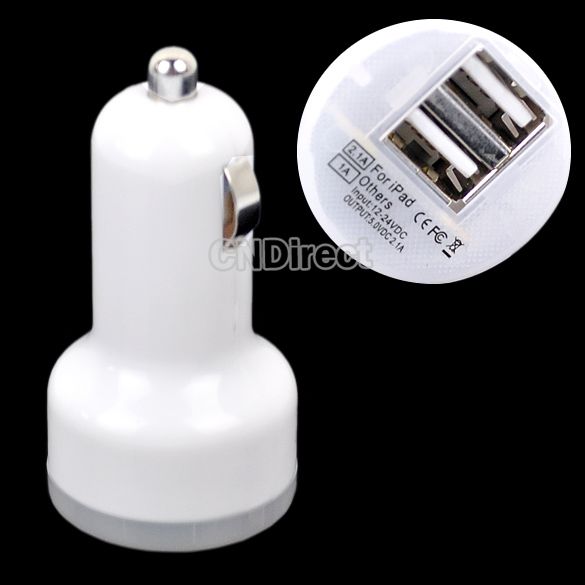 Dual 2 Port USB Car Charger Adapter for iPad iPhone 4G iPod White