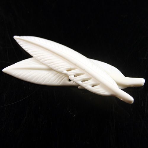 71 75mm Handmade Carved Bone White Feather Plume Bead 2  