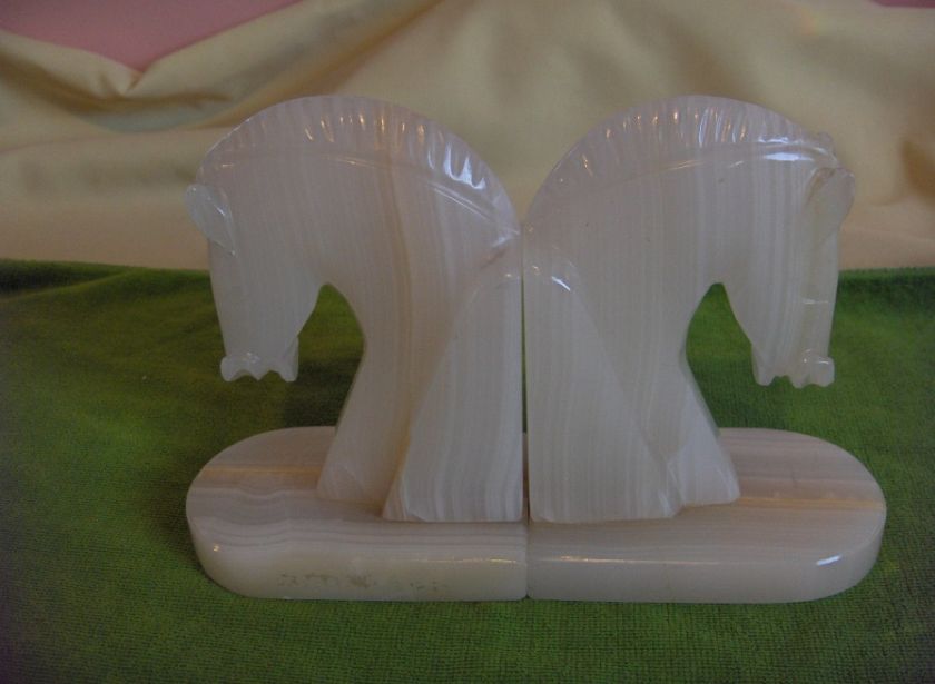 Vintage White Onyx Horse Head Book Ends Mexico  