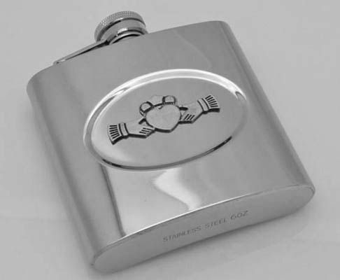   Claddagh on Stainless 6 oz Whiskey Flask MULLINGAR PEWETER Ireland