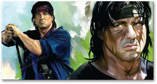 MIXED MEDIA ARTWORK OF SYLVESTER STALLONE RAMBO