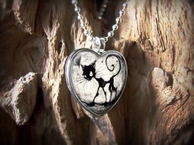 Black Cat & Moon Halloween Heart Horror Sterling Silver Pendant 