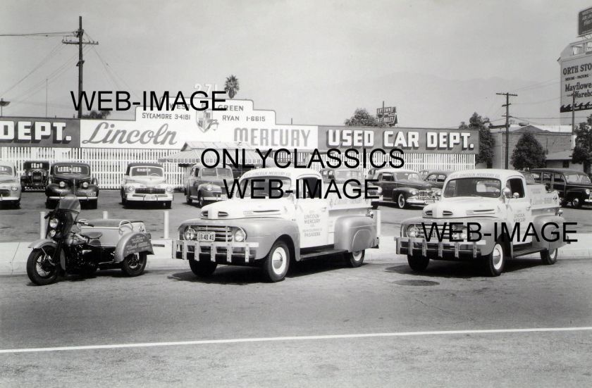 1948 MERCURY USED CAR LOT HUGE PHOTO  HARLEY MOTORCYCLE  