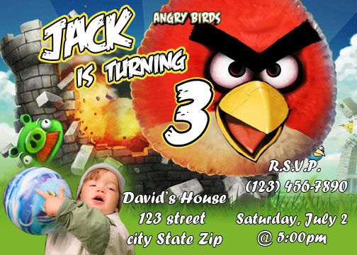 ANGRY BIRDS BIRTHDAY INVITATION w/photos 24hrToProof U PRINT  