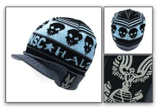 Halo UNSC Skulls Blue/Black/Gray Cuffed Billed Beanie Cap BW 