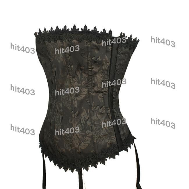 Black Brocade Boned Gothic Floral Basque Garter Corset  