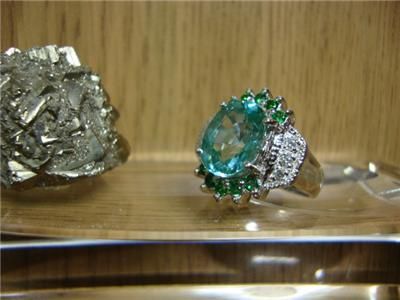 GREEN PARAIBA TOURMALINE & EMERALD & SAPPHIRE SILVER WOMEN RING ART 