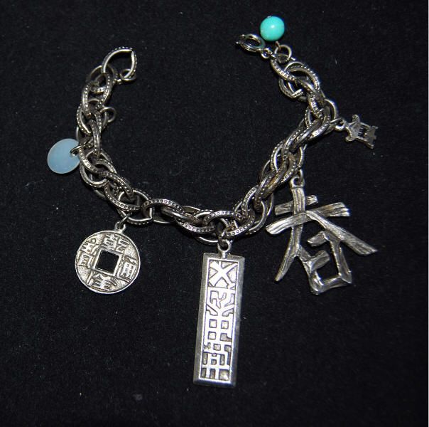 Vintage Oriental Charm Bracelet Token House Writing  