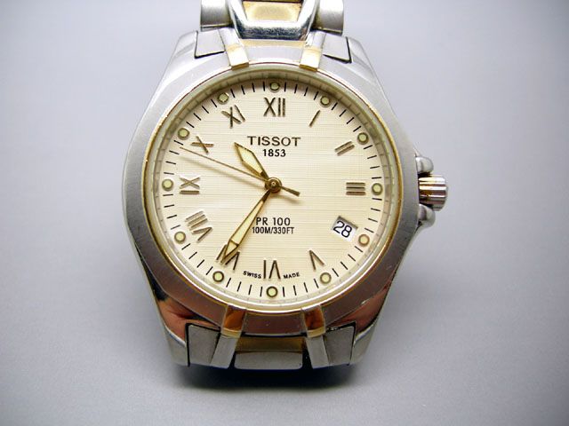 TISSOT 1853 PR100 TWO TONE SAPPHIRE CRYSTAL DATE BOY SIZE QUARTZ WATCH 