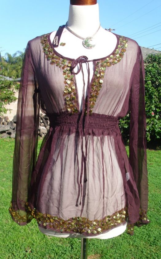 Burgundy SILK Gold Sequin SHEER Belly Dancing blouse M  