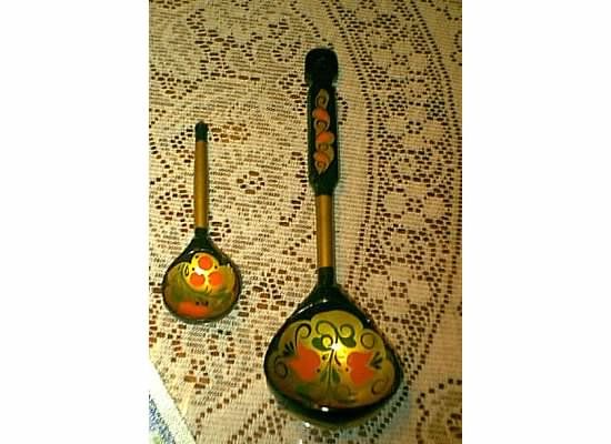   RUSSIAN WOOD FOLK ART HANDPAINTED LACQUER ORANGE BLACK LADLE & SPOON