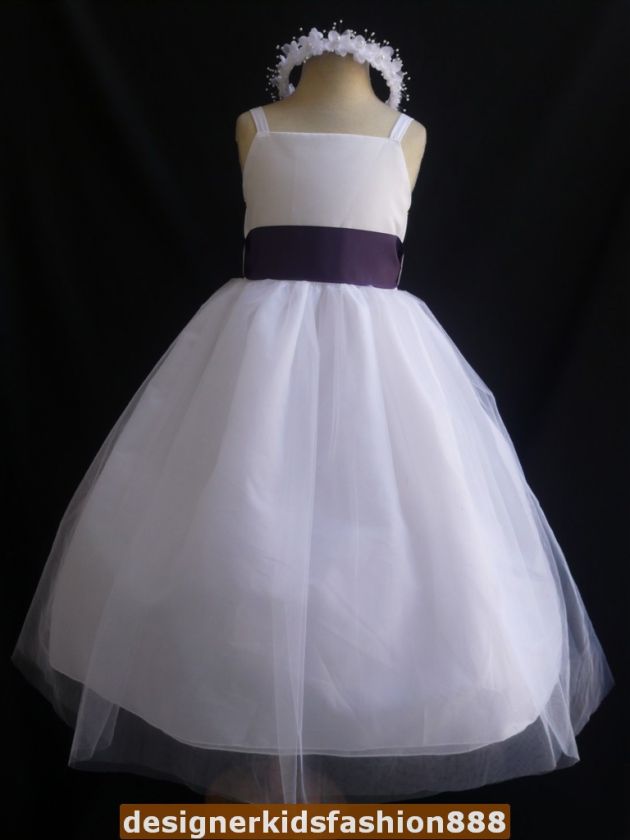 New WHITE DARK PURPLE/EGGPLANT Flower girl dress  