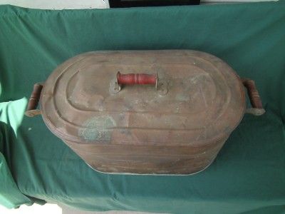 ANTIQUE OVAL COPPER BOILER STEAMER POT w/ WOODEN HANDLE PLANTER BASIN 