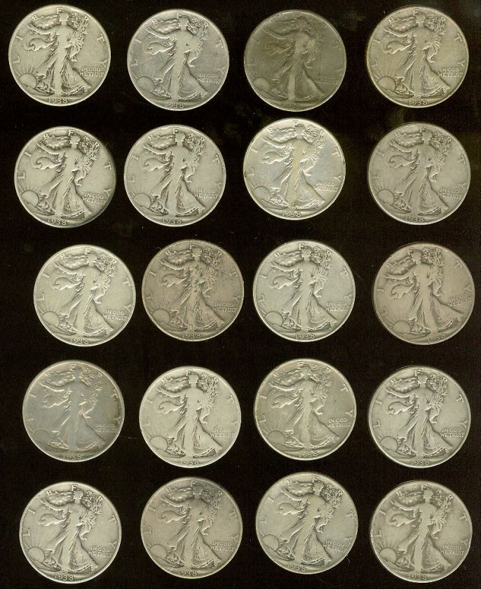 One Roll 20 pcs. of 1938 D 50C Walking Liberty Halves Good Very Good+