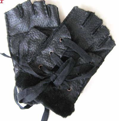 Real Sheepskin Fur Fashional Band Shearling Mitten fingerless Glove 