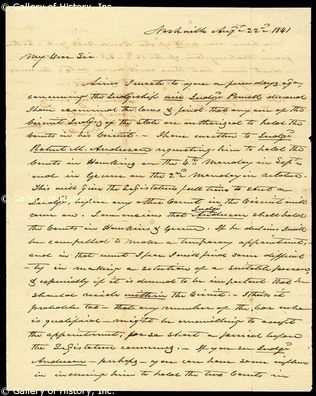 JAMES K. POLK   AUTOGRAPH LETTER SIGNED 08/22/1841  