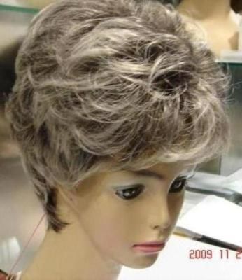 new short gray white mix curly full wig  