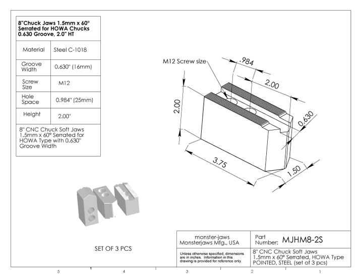 HOWA TYPE 1.5mm x 60 SERRATED CNC CHUCK JAWS 2.0 HT STEEL FIT 