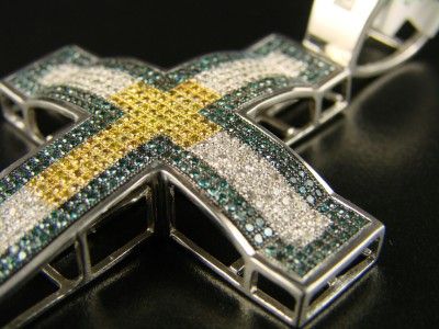 MENS WHITE GOLD FINISH MULTI COLOR DIAMOND CROSS 3.10 C  