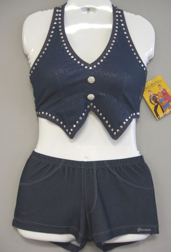 DENIM BLUE SHORTS+GLITTER VEST+STUDS DANCE/CHEER COSTUME  