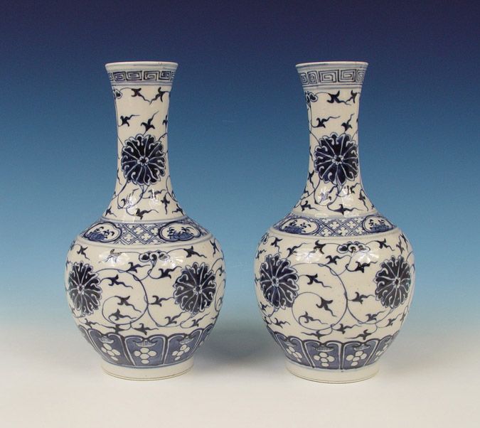   Pair Chinese Porcelain Bottle Vases 19th C. Kangxi Mark  