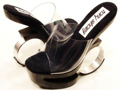 TONY SHOES LOLY WOOD PLATFORM WEDGE SANDAL CLEAR BLACK  