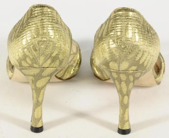   Blahnik Gold Lame Peep Toe Round Rhinestone Stiletto Heels Size 5.5