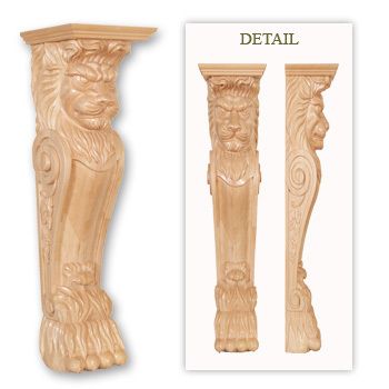 28 1/4H,Hand Carved Hard Wood Lion Base Mantel Corbel  