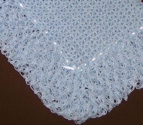 New BLUE Crochet 38x42 Baby Blanket Afghan;Ribbon/Bows  