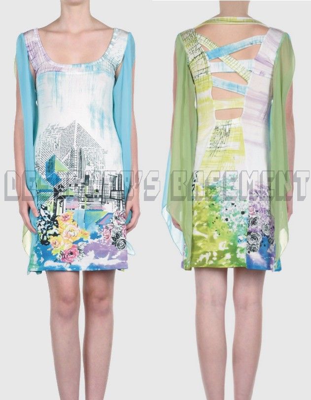 SAVE THE QUEEN aqua & green NEWSPRINT split SCARF sleeve dress NWT 