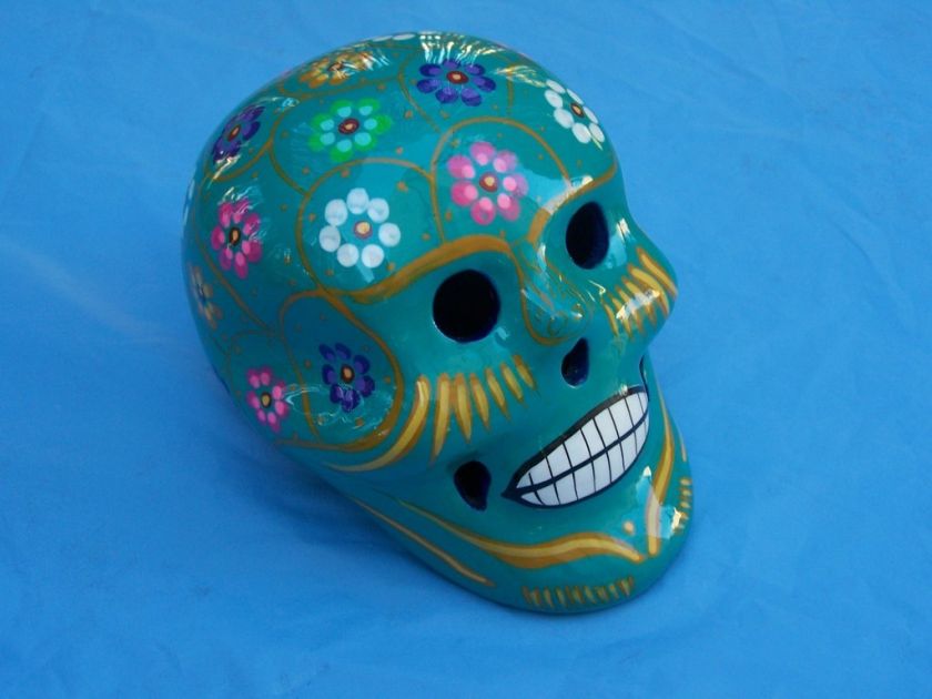 Day of the Dead Medium Greenish Painted Skull w Flowers  