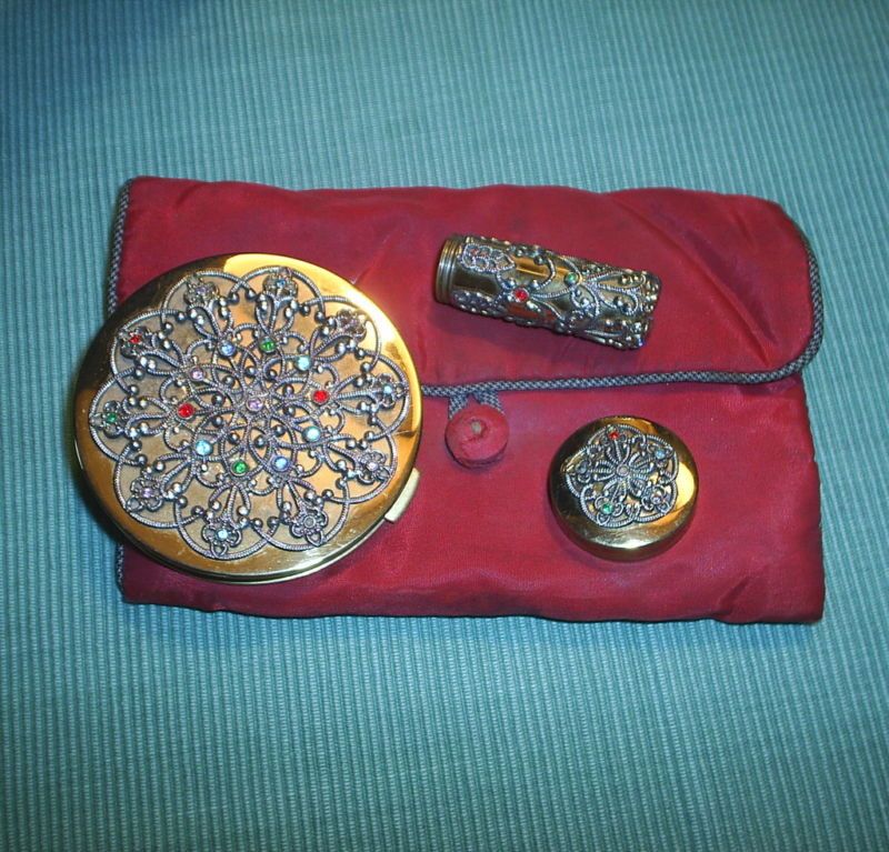 Vintage Rhinestone Compact Set Rouge Lipstick Hampden  