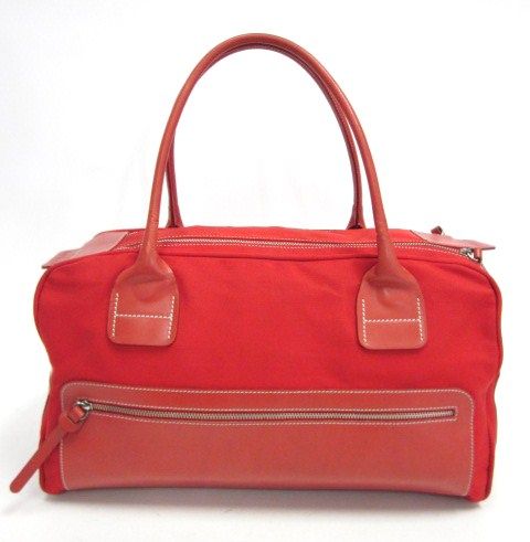 HOGAN Red Leather Nylon Double Zipper Tote Handbag  