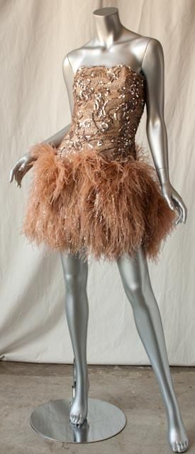 GIORGIO VINTAGE*GOLD SEQUIN*Ostrich Feather Mini Dress Cockail RED 