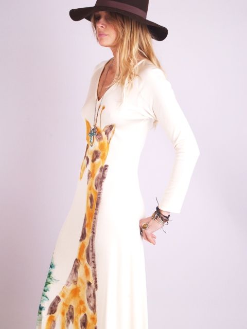   PAINTED Signed Giraffe Ethnic MIMOSA TREE Boho Festival Maxi DRESS