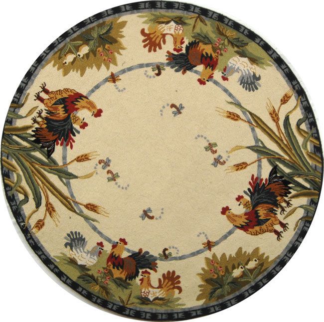 Hand hooked Roosters Ivory Wool Area Rug 3 Round  