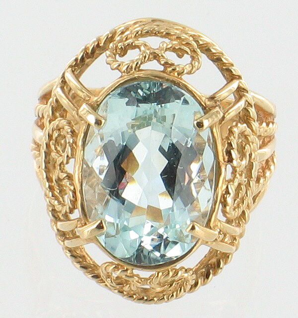 VINTAGE 14K GOLD 6.2ct AQUA AQUAMARINE FILIGREE COCKTAIL RING GORGEOUS 