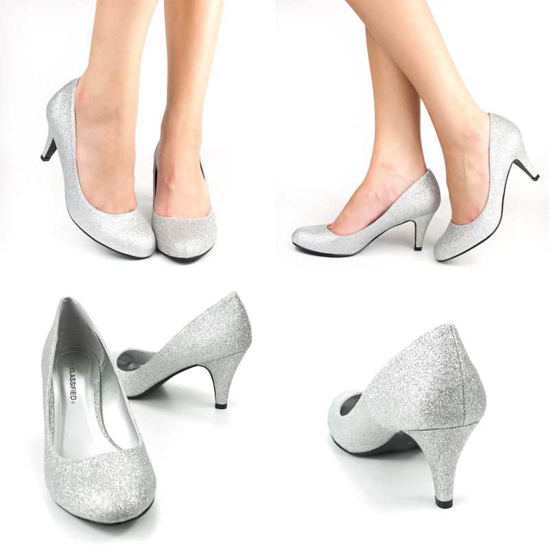 NEW SILVER GLITTER ROUND TOE MED LOW HEEL PLATFORM WOMENS PROM DRESS 